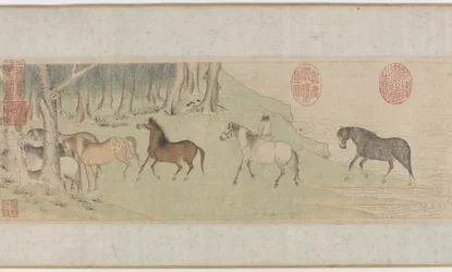 Chevaux et palefreniers traversant une rivière, dynastie Yuan ou début de la dynastie Ming, 14ème siècle